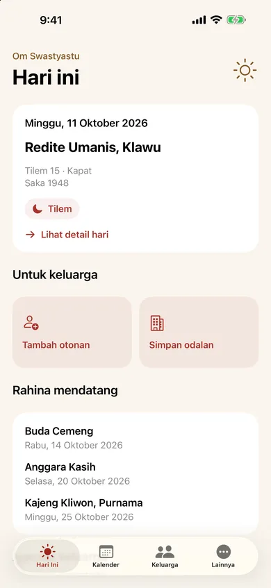 Layar Hari ini dengan salam Om Swastyastu, tanggal Bali, dan rahina mendatang