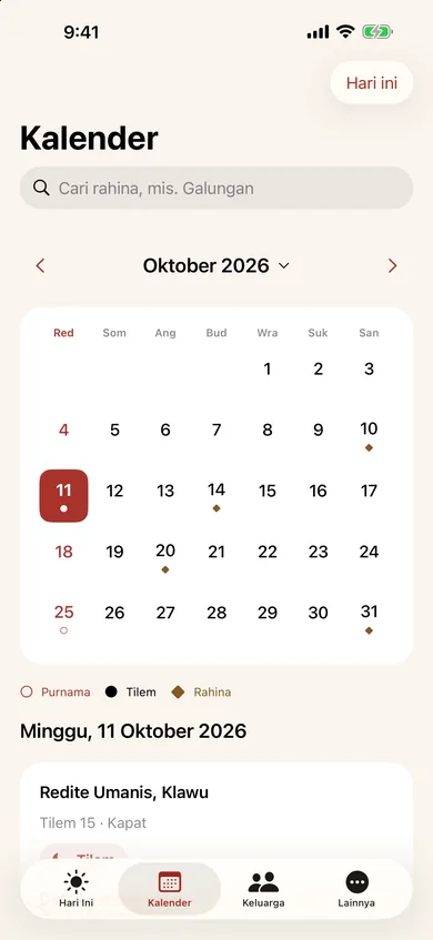Tampilan Kalender di aplikasi Kalender Bali: Oktober 2026 dimulai dari Redite dengan penanda Purnama, Tilem, dan rahina