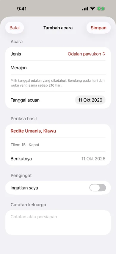 Formulir Tambah acara untuk odalan pawukon Merajan