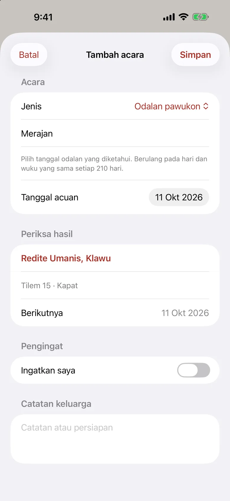 Formulir Tambah acara odalan pawukon Merajan di aplikasi