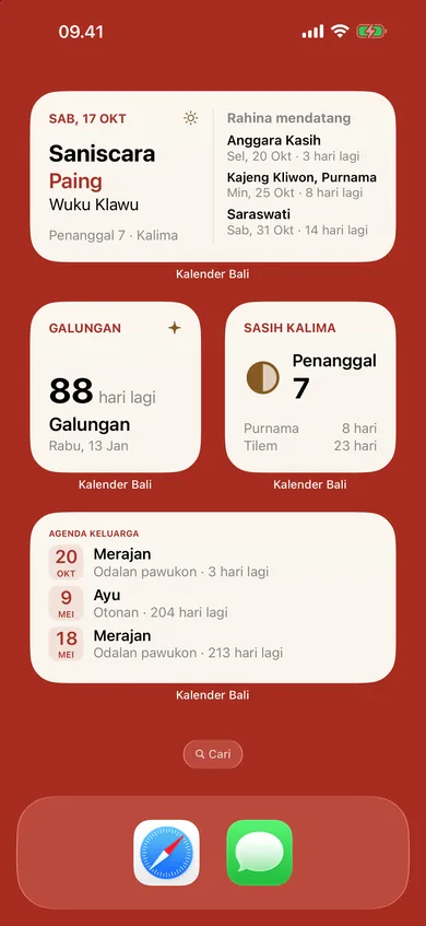 Layar Utama iPhone berisi widget Hari Ini, Galungan, Sasih Kalima, dan Agenda Keluarga