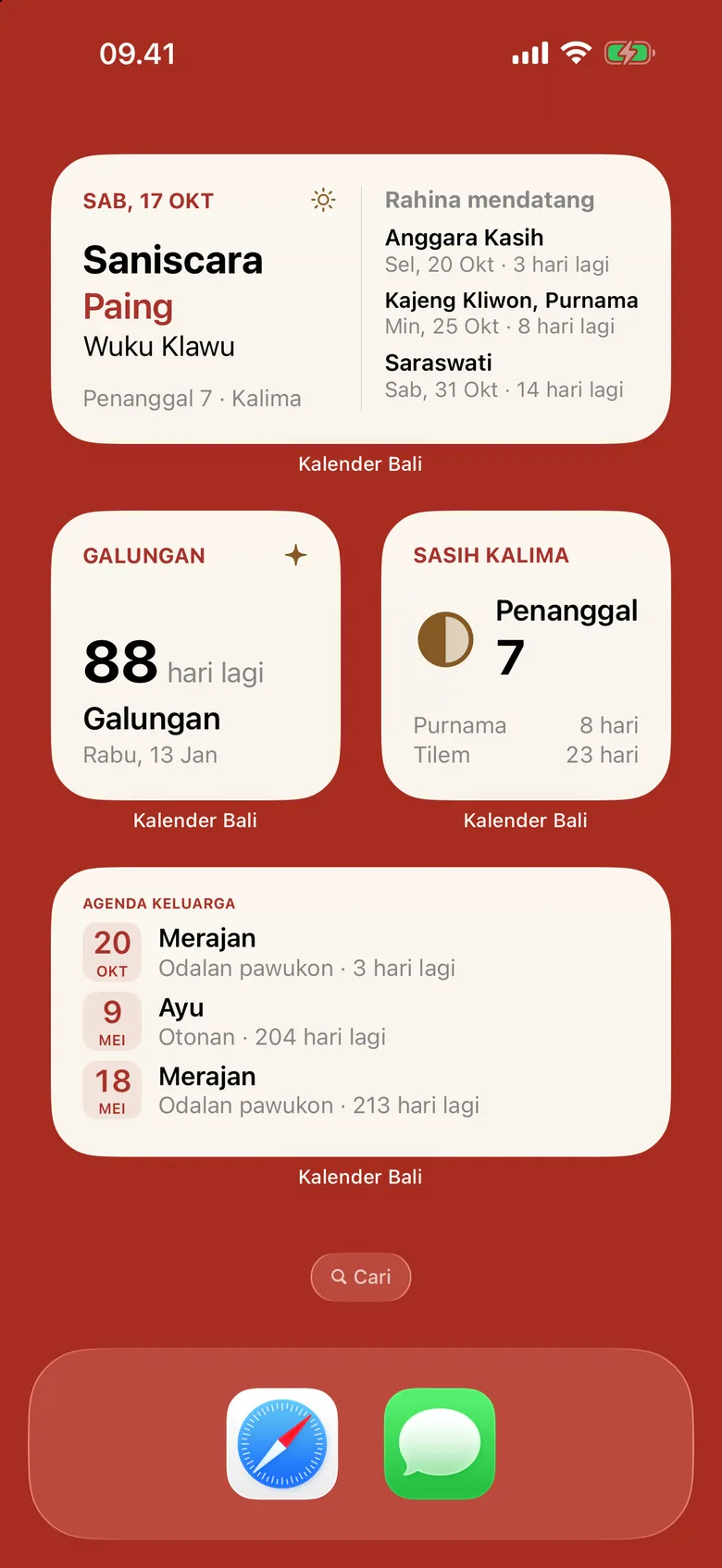 Layar Utama dengan widget Hari Ini, Galungan, Sasih Kalima, dan Agenda Keluarga