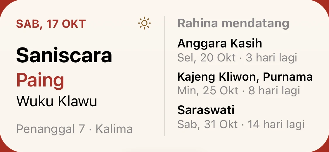 Widget Hari Ini menampilkan saptawara, pancawara, wuku, sasih, dan rahina mendatang